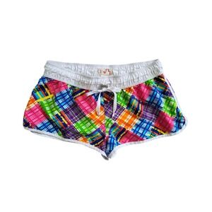 Vintage Y2K OP Ocean Pacific Surf Shorts M Neon Plaid Surf Skater Dolphin Cheeky